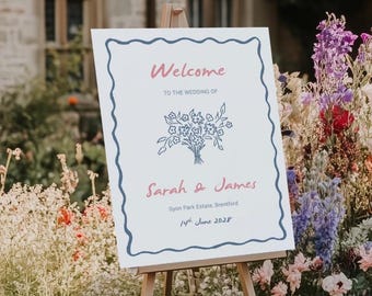 Wild Flower Welcome Sign, Wedding Welcome Sign, party event sign, reception, wavey welcome board, easel sign, colourful doodle Blue and Pink