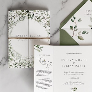 Trouwkaarten Evelyn Gatefold. Groen bruiloft uitnodiging. tijdlijn, QR-code, kaart, groen, luxe kaart met textuur