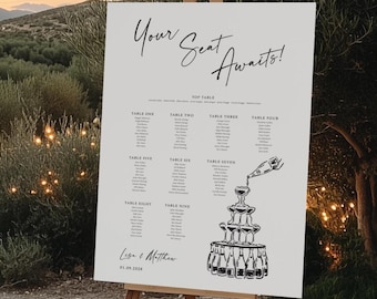 Your Seat Awaits, Table Plan Wedding Sign, large guest reception sign, welcome board, foam board, easel sign, seating plan, champagne tower