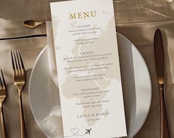 Destination Wedding menu card, dinner menu, reception menu, travel Passport, long menu cards, world map, plane, Travel Wedding, Plane Ticket