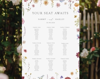 Floral Wedding Table Plan, Wildflower Seating Chart