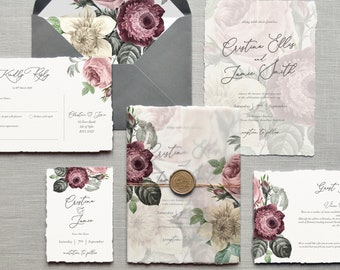 Wedding Invitation - Diana Luxury Floral. & Save the Date. Torn edge, twine, vellum wrap, wax seal, British vintage flowers wedding invites