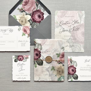 Hochzeitseinladung - Diana Luxury Floral. & Außer dem Datum. Zerrissene Kante, Bindfäden, Pergamentverpackungen, Wachssiegel, britische Vintage Blumenhochzeit lädt ein
