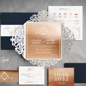 Luxury Wedding Invitations & Save the Date. Beautifully crafted foil invitations with laser cut pocket. Rose Gold wedding invites with crest