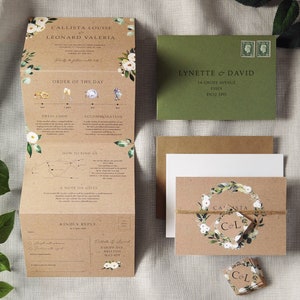 Rustikale Hochzeitseinladung. Weiß mit Blumen und Grün Kraft-Effekt. Greenery Hochzeit lädt ein, Concertina Hochzeit. Eukalyptus, Zwirn, Pergament.