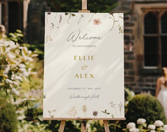 Pressed Wild Flowers Wedding Welcome Sign, floral welcome sign, reception welcome sign board, easel sign, Flora Summer, Floral, Wildflower