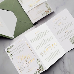 Olivgrüne Hochzeitseinladung - Folie & viel Grün. Hochzeitseinladungen Blätter, Save the Date, Bauchband, Pergament Italien, italienisch