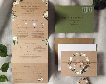 Rustic Wedding Invitation. White Floral & Greenery Kraft Effect. Greenery Wedding Invites, Concertina wedding. Eucalyptus, twine, vellum.