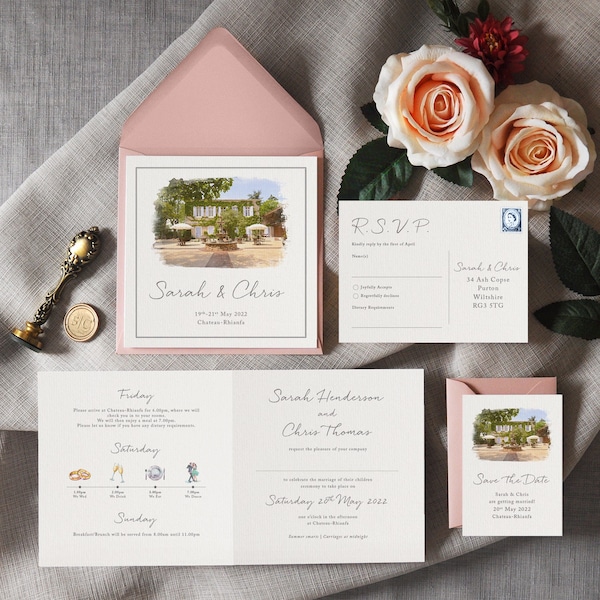 Venue Painting Wedding Invitation & Save the Date. Custom venue, custom timeline, watercolour \ watercolor effect wedding invitation