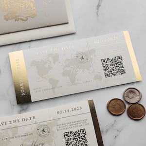Bordkarte Save the Date Hochzeitseinladung Hochzeitsziel Hochzeitsreise Hochzeitsflugkarte Invite Pass Glänzende Folie auf perlmuttfarbenem Karton