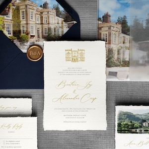 Venue Painting Hochzeitseinladung & Save the Date. "Aquarell nach Kundenwunsch mit ""Velumbändchen"" und Umschlageinlage." Auf edler Strukturkarte