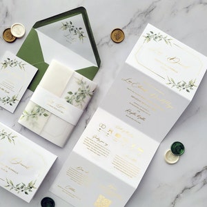 Inviti per matrimonio, inviti per matrimonio Greenery & Foil. Inviti per matrimonio Foliage, Save the Date, bellyband, inviti in pergamena