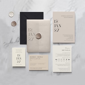 Hochzeitseinladung Athena & Save the Date. Neutrales Tonales Einladungsset. Mit Velourband. Auf edler Strukturkarte