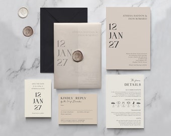 Athena Wedding Invitation & Save the Date. Neutral Tonal invitation set. With velum wrap. On luxury textured card