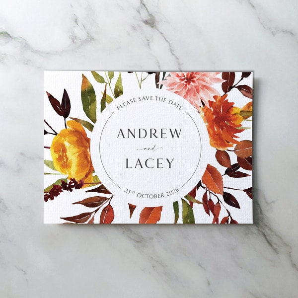 Autumn Floral Save the Date or change the date. Rustic autumn leaves, fall save the date, autumn save the date, red yellow save the date