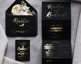 Wedding Invitation Luxury Foil Script Concertina - Gold and Black wedding invitation. Save the Date. Wedding Invites