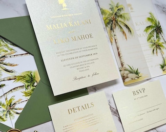 Palm & Pearl Foiled Wedding Invitation. Palm Tree, Destination, Tropical, Neutral, Shimmery card Gold Foil RoseGold Silver Ivory Cream Tonal