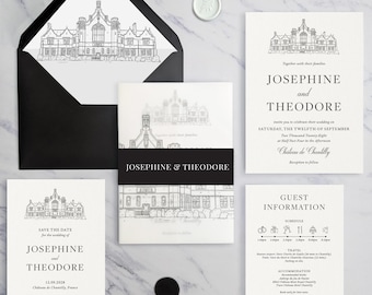 Josephine Wedding Invitation. Monochrome black and white suite. Save the Date. With velum wrap. On luxury textured card with bellyband.