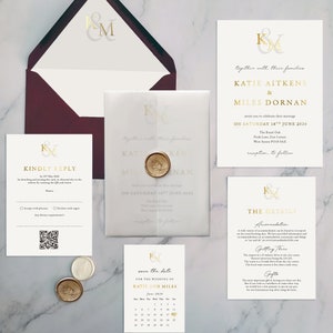 Katie Wedding Invitation, Gold Foiled with monogram initials. With vellum wrap and wax seal