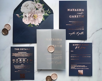 Wedding Invitation, Navy Rosegold Foiled - Rose Gold, Silver or Gold foil. Navy, Blush, Rosegold colours. Custom colours available