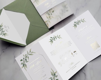 Wedding Invitation - Foil & Greenery. Foliage wedding invites, Save the Date, bellyband, vellum