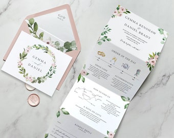 Pink Floral & Greenery Wedding invitation. Featuring Eucalyptus and Blush pink flowers