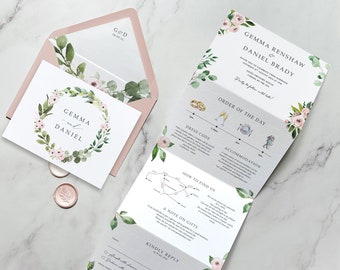 Rosa Blumen-Hochzeitseinladung. Mit Eukalyptus und Blush rosa Blumen