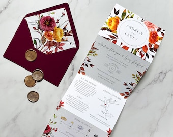 Wedding Invitation - Autumn Floral. Fall wedding invitation. Autumn Wedding Invitation. Orange red yellow green. Autumnal invitation