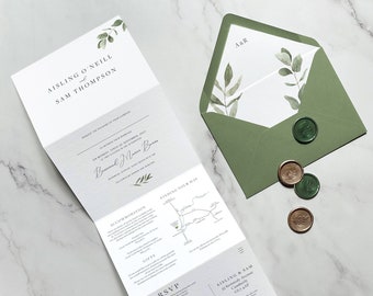 Wedding invitation Greenery, Simple Greenery Concertina wedding invitations. Luxury trifold Wedding Invites. Greenery Wedding Invite