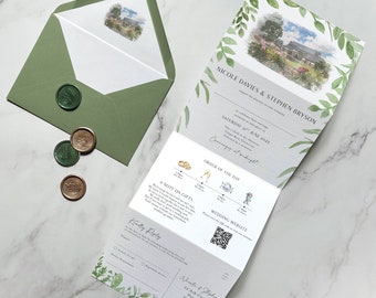 Wedding invitation Venue Painting with Greenery, Greenery Concertina wedding invitations. Luxury trifold Wedding Invites. Greenery Wedding