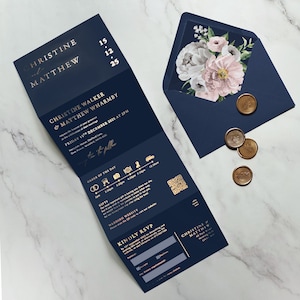 Navy and Gold Foiled Concertina Wedding Invitation - Rose Gold, Silver or Gold foil. Navy, Blush, Rosegold colours. Custom colours available