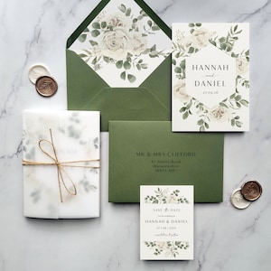 Wedding Invitation, Hannah wedding invites, White Floral Wedding Invites, greenery, Wedding invites, Save the Date, rustic twine, vellum
