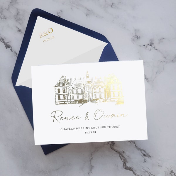 Renee Venue Foil Concertina - Feuille d'or de luxe sur papier cartonné nacré. Réservez la date. Avec croquis personnalisé du lieu. Faire-part de mariage