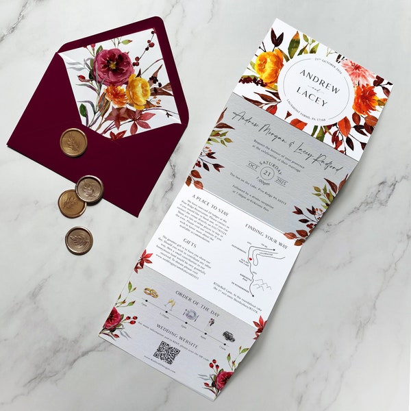 Wedding Invitation - Autumn Floral. Fall wedding invitation. Autumn Wedding Invitation. Orange red yellow green. Autumnal invitation