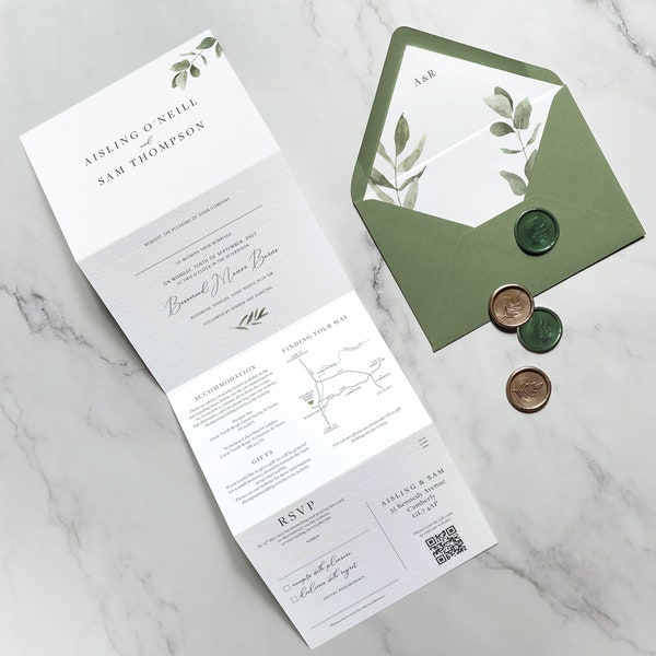 Wedding invitation Greenery, Simple Greenery Concertina wedding invitations. Luxury trifold Wedding Invites. Greenery Wedding Invite