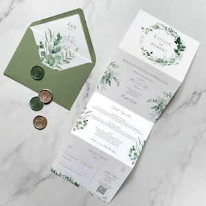 Greenery Concertina Trifold Hochzeitseinladungen & Save the Date oder ändern Sie das Datum. Rustikale Eukalyptus, Efeu, Grün Hochzeit lädt ein