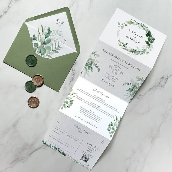 Greenery Concertina Trifold Hochzeitseinladungen & Save the Date oder ändern Sie das Datum. Rustikale Eukalyptus-, Efeu- und Grünhochzeitseinladungen