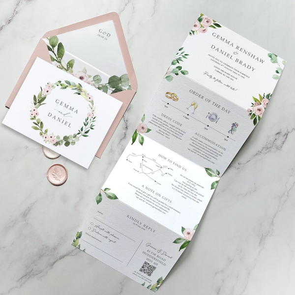 Pink Floral & Greenery Wedding invitation. Featuring Eucalyptus and Blush pink flowers