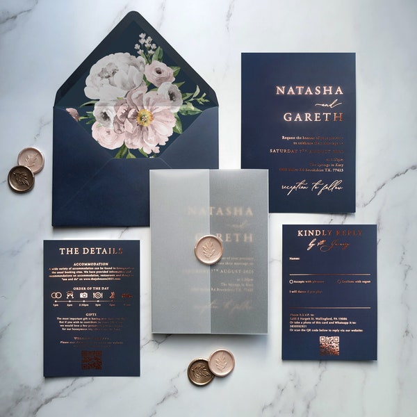 Wedding Invitation, Navy Rosegold Foiled - Rose Gold, Silver or Gold foil. Navy, Blush, Rosegold colours. Custom colours available