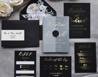 Wedding Invitations - Luxury Foiled Script. Gold, Silver or Rose Gold foil. Monochrome wedding invitation set, custom colours available