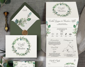 Cecilia - Luxury Trifold Wedding Invitations & Save the Date or Change the date. Rustic greenery wreath/hoop greenery wedding invites