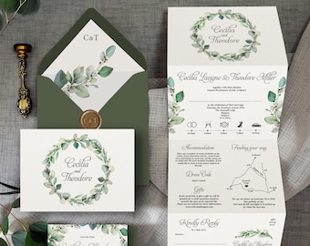 Cecilia - Luxury Trifold Wedding Invitations & Save the Date or Change the date. Rustic greenery wreath/hoop greenery wedding invites