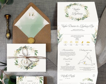 Taylor - Luxury Trifold Wedding Invitations & Save the Date or Change the date. Rustic greenery wreath. Greenery wedding invites