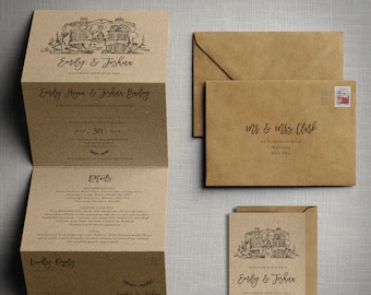 May include: A tan kraft paper wedding invitation suite featuring a folded card with a house illustration, a matching envelope addressed to Mr & Mrs Clark, and a save the date card. The text includes Emily & Joshua, Saturday 30th July 2023.