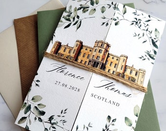 Wedding Invitations Florence. Wedding Invitation, Wedding invites, Venue Illustration invite Gatefold with Greenery. Custom venue Your venue