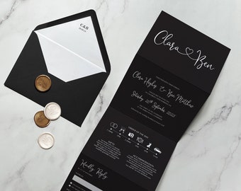 Clara Black Wedding Invitation. Luxury Wedding Invitation. Wedding Invites with white text. Black & white. Black and white
