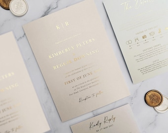 Kimberly Foiled Wedding Invitation. Shimmery Ivory card and Gold Foil invite text. RoseGold or Silver foil available. Tonal