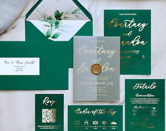 Emerald Green Wedding Invitation - Emerald Wedding, Forest Green, Hunter Green. Gold, Silver or Rose Gold foil. Green and Gold wedding