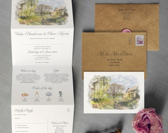 Venue Painting Concertina - Wedding Invitations & Save the Date. Custom venue, custom timeline, watercolour \ watercolor wedding invitation