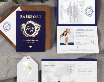 Passport Wedding Invitation, Boarding Pass RSVP, Luggage Tag, Save the Date, Destination Wedding, Travel Wedding, Plane Ticket Invite, Foil
